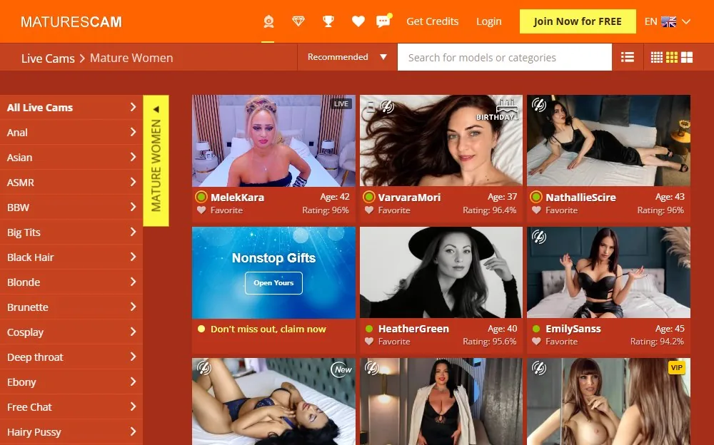 MaturesCam — homepage screenshot